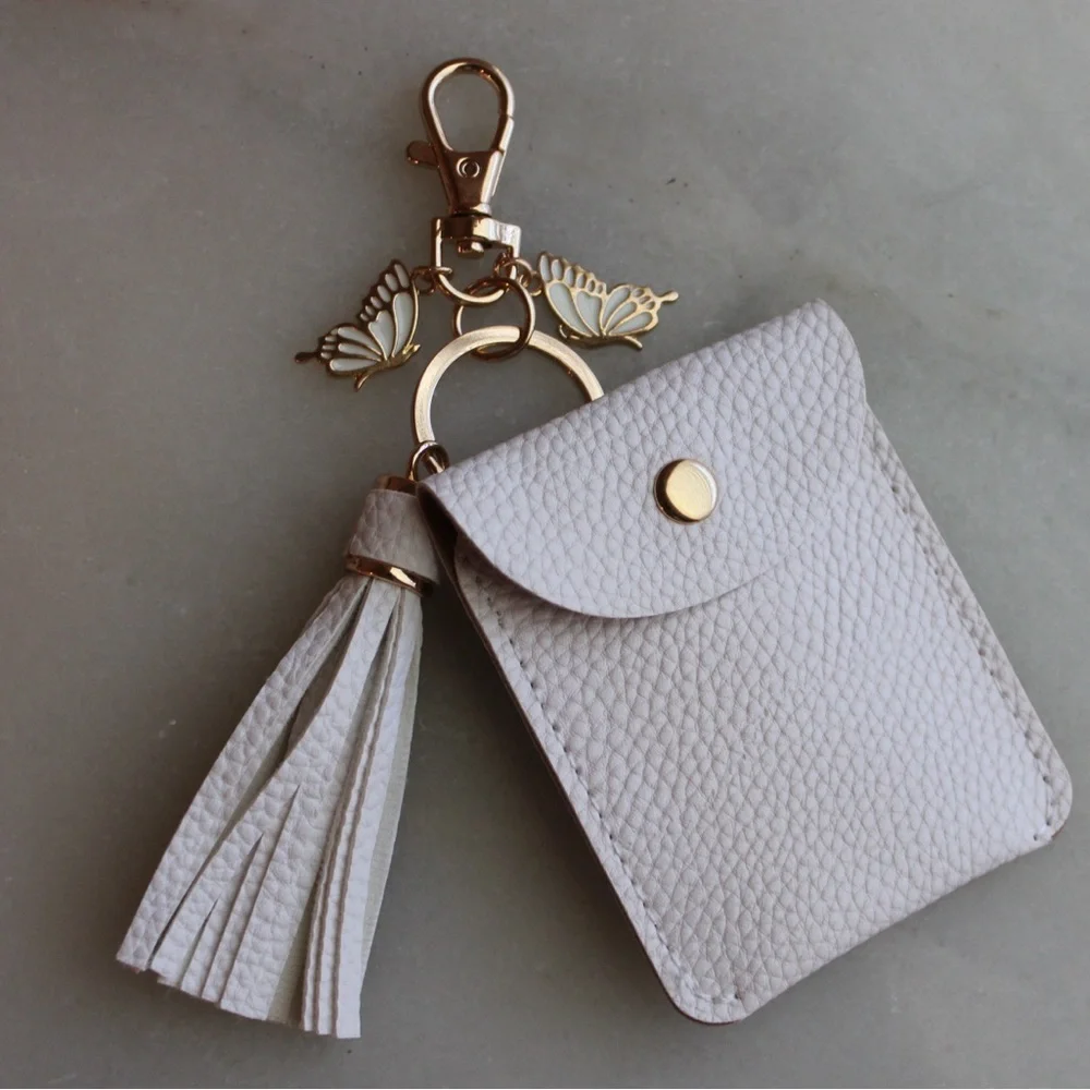 Cardholder Keychain or Bracelet with Butterfly Charm & Tassel White with Gold